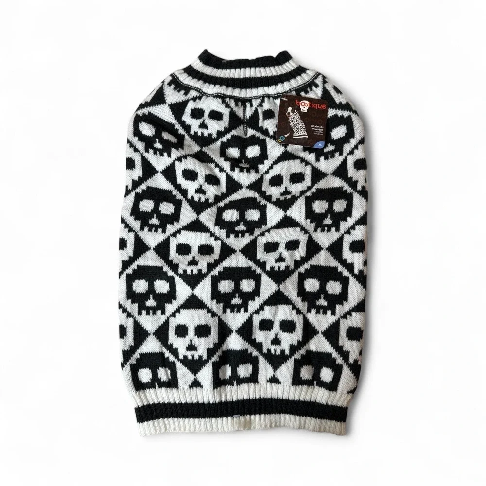 Bootique Dia De Los Muertos Skull Dog Sweater Halloween Black White XL‎ NEW